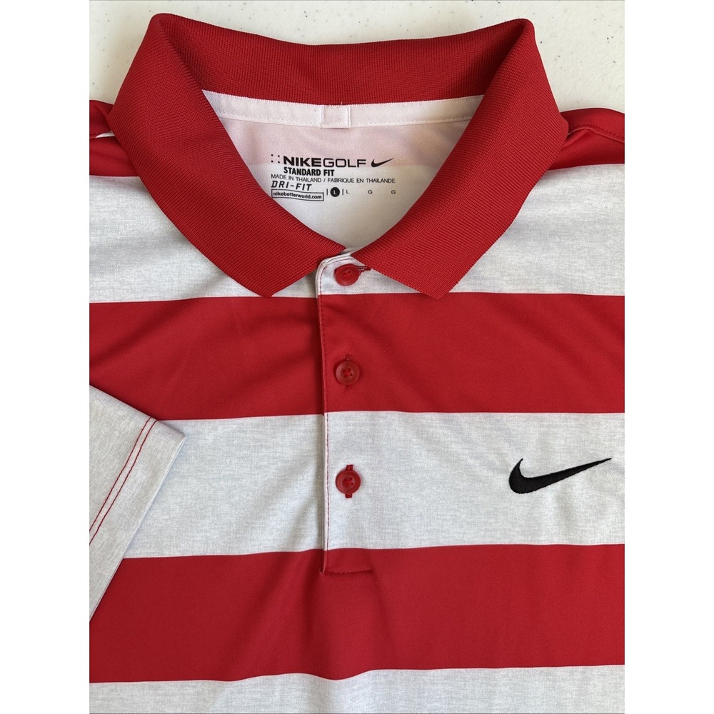 Nike Golf Men's Large Dri-fit Standard Fit Red Gray‎ Striped Short Sleeve Polo
